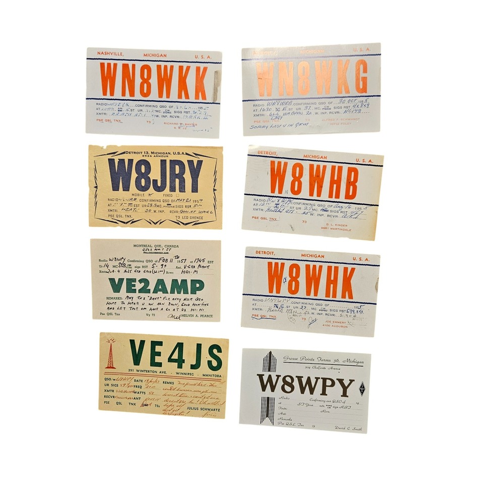 Lot of 8 Vintage 1950s‎ Michigan USA, Canada Amateur Radio QSL Cards Postcards
